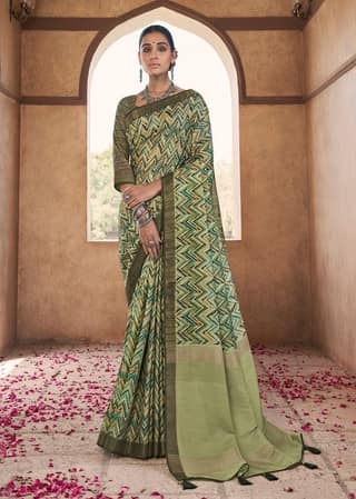 Digital Printed Art Silk Saree in Green