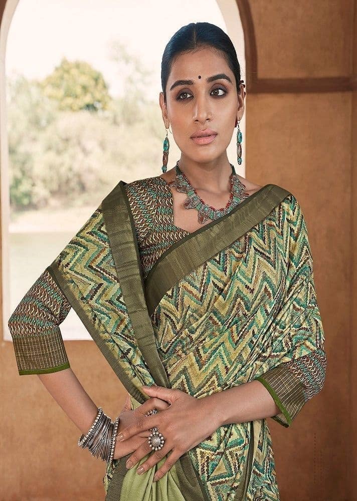 Digital Printed Art Silk Saree in Green view 2