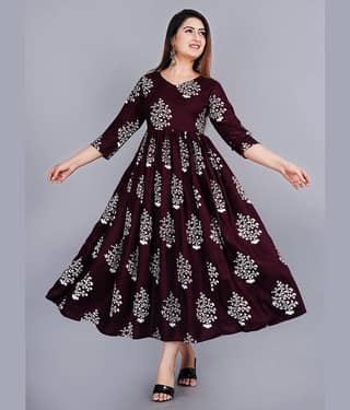 NUPITAL Rayon Printed Anarkali Women's Kurti - Wine ( Pack of 1 )