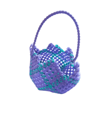 Small purple plastic basket with blue trim