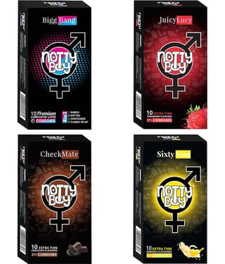 NottyBoy Combo Pack Ribs Dots Contour Extra Delay Strawberry Chocolate and Banana Flavour Condoms - 40 Unit