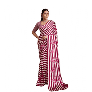 womens satin crepe printed saree with unstitched blouse 5.5mtr maroon pid65098