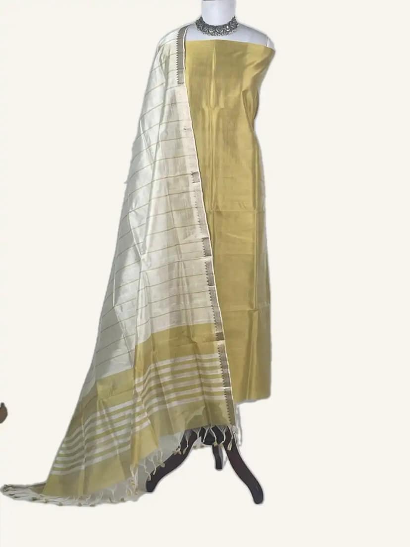 Andhra Silk Cotton Dress Material Golden Yellow Zari Stripe