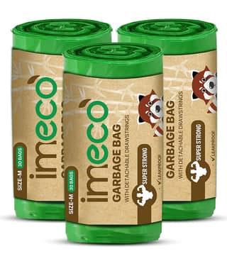 IMECO Eco-Friendly Garbage Bags | 90 Pcs | Medium - 19 x 21 Inches | 30 Pcs x 3 Rolls | Green | Dustbin/Trash Bags with Detachable Drawstrings | Perfect for Dry & Wet Waste
