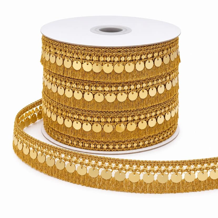 Golden Sequin & Fringe Tassel Sewing Lace Border, 9 Meters x 2.5cm view 2