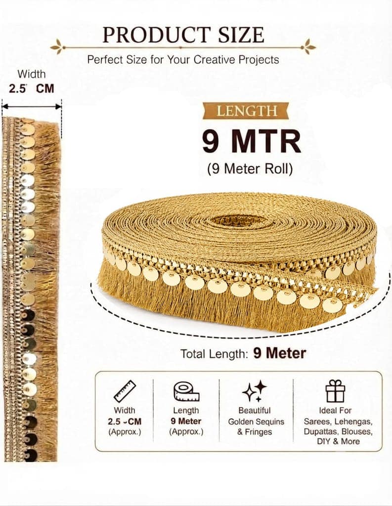 Golden Sequin & Fringe Tassel Sewing Lace Border, 9 Meters x 2.5cm view 3