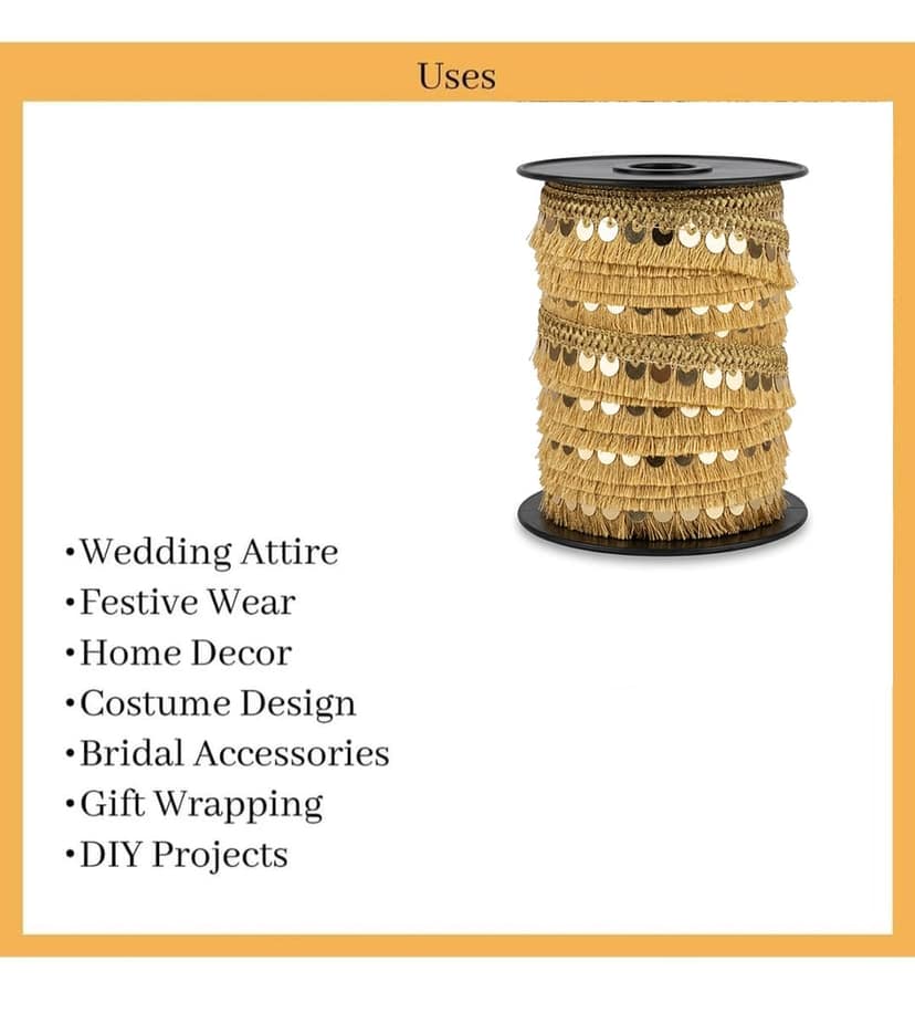 Golden Sequin & Fringe Tassel Sewing Lace Border, 9 Meters x 2.5cm view 8
