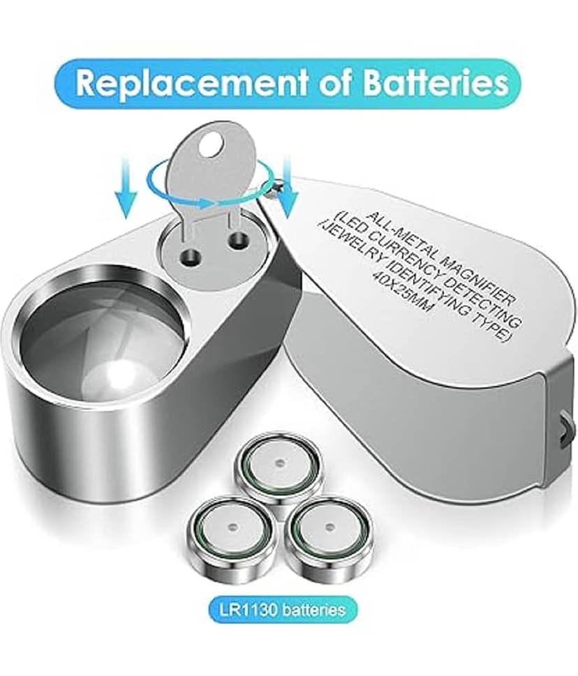 40X Jewelers Loupe Magnifier Magnifying Glasses, LED/UV Illuminated Jewelry Loop Pocket Folding Magnifying Glass with Metal Construction for Close Work, Gardening, Kids, Stamp, Rock Collecting view 2