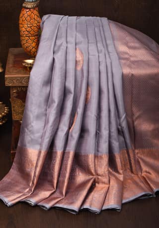 Gray Kanjivaram Pure Silk Saree with Damask Motifs with wide zari copper border | SILK MARK CERTIFIED
