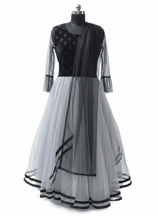 99ladies Store Women’s Black Embroidered Top with Grey Net Flared Skirt & Dupatta – Party Wear Ensemble