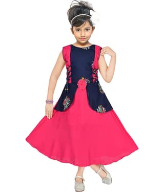 M. MONGELA DRESSES - Pink & Blue Cotton Blend Girls Fit And Flare Dress ( Pack of 1 )