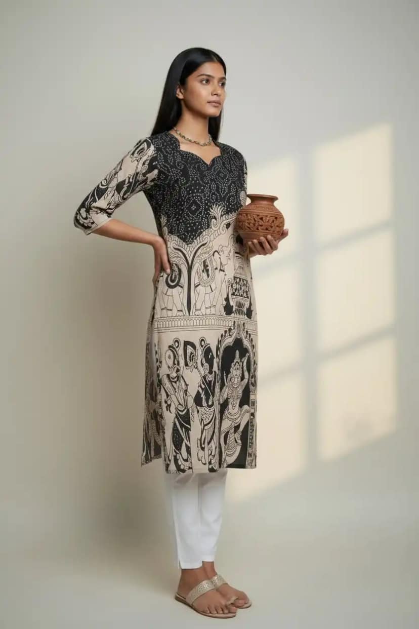 Pedana Kalamkari Screen-Print Cotton Kurti in Black with Temple Border view 2