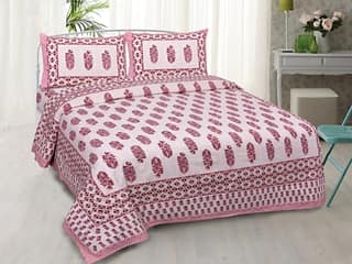 Lali Prints Jaipuri Pink White Floral Cotton 130 TC Queen Bedsheet With 2 Pillow Covers
