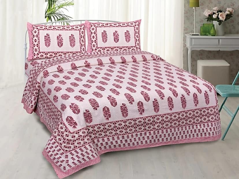 Lali Prints Jaipuri Pink White Floral Cotton 130 TC Queen Bedsheet With 2 Pillow Covers