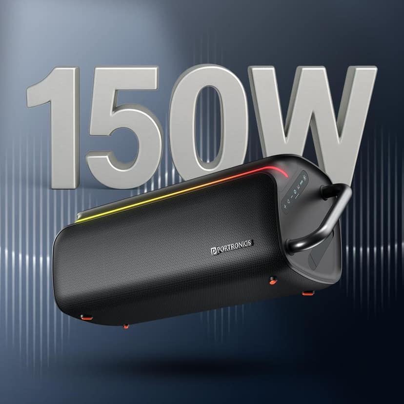 Portronics Nebula X 150W Party Speaker with Wireless Karaoke Mic, 6 Hours Playtime, Bass Boost Technology, TWS Mode, RGB LED Lights, BT V5.3, USB/AUX in, Sturdy Metal Handles, Type C Charging(Black) view 3