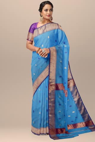 Sky Blue Diamond Buta Maheshwari Silk with Zari Border Saree SKU-BS10031