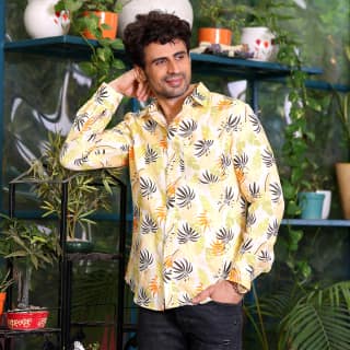 Philodendron Selloum Plant Lemon Casual Pure Linen Full Shirt (Size - L) by BLUE EAGLE