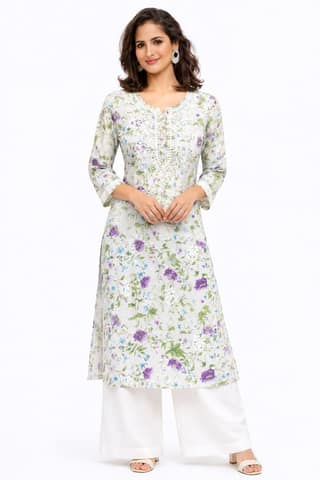 Women’s Printed Soft Cotton Chikankari Kurti with Lucknowi Hand Embroidery | 3/4 Sleeve | 46 Inch Length | Sizes 38-46