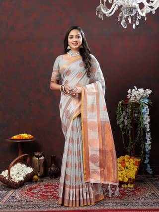 Grey Cotton with Woven Design Zari Weaving Saree