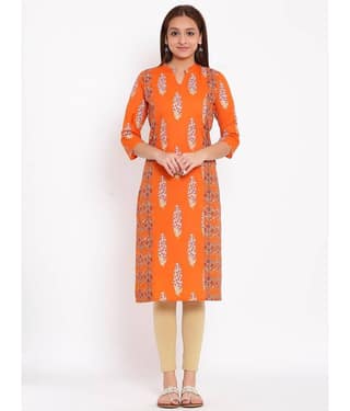 SAART BUNAAI - Orange Cotton Women's Straight Kurti