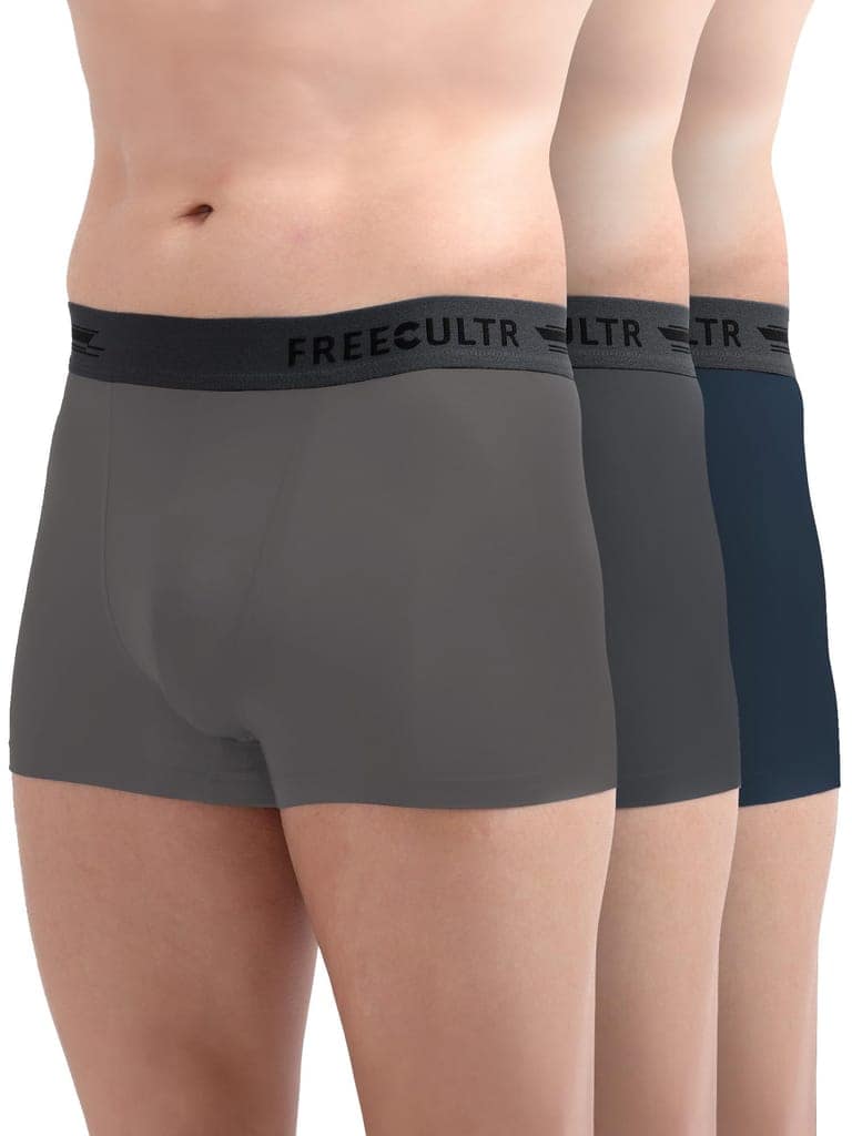 FREECULTR Men's Underwear Anti Bacterial Micromodal Airsoft Trunk - Non Itch No Chaffing Sweat Proof - Pack of 3-Smoke Grey,Prussian Blue,Ash Grey