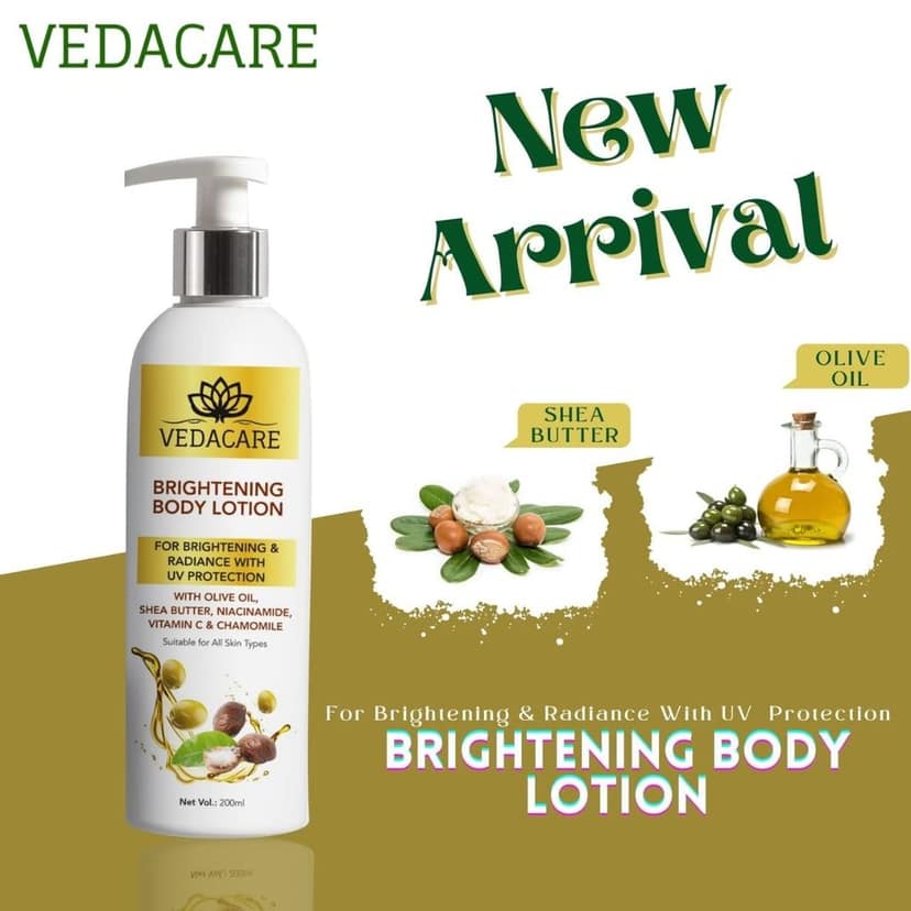 Vedacare Brightening Body Lotion 200 ml - With Niacinamide, Olive Oil, Shea butter, Vitamin C & Chamomile - for Fairness, brightening, moisturizing, Sun protection, Hyperpigmentation view 5