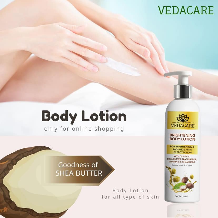 Vedacare Brightening Body Lotion 200 ml - With Niacinamide, Olive Oil, Shea butter, Vitamin C & Chamomile - for Fairness, brightening, moisturizing, Sun protection, Hyperpigmentation view 6