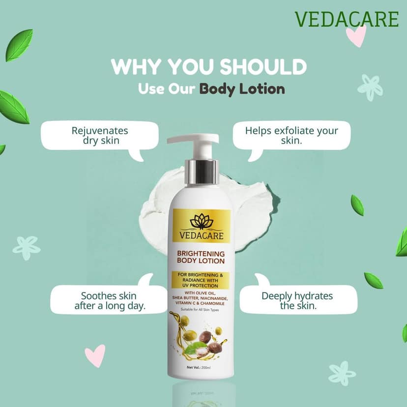 Vedacare Brightening Body Lotion 200 ml - With Niacinamide, Olive Oil, Shea butter, Vitamin C & Chamomile - for Fairness, brightening, moisturizing, Sun protection, Hyperpigmentation view 7