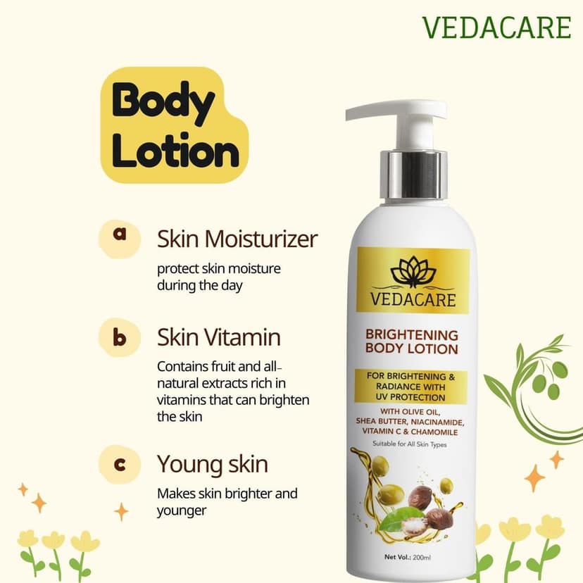 Vedacare Brightening Body Lotion 200 ml - With Niacinamide, Olive Oil, Shea butter, Vitamin C & Chamomile - for Fairness, brightening, moisturizing, Sun protection, Hyperpigmentation view 8