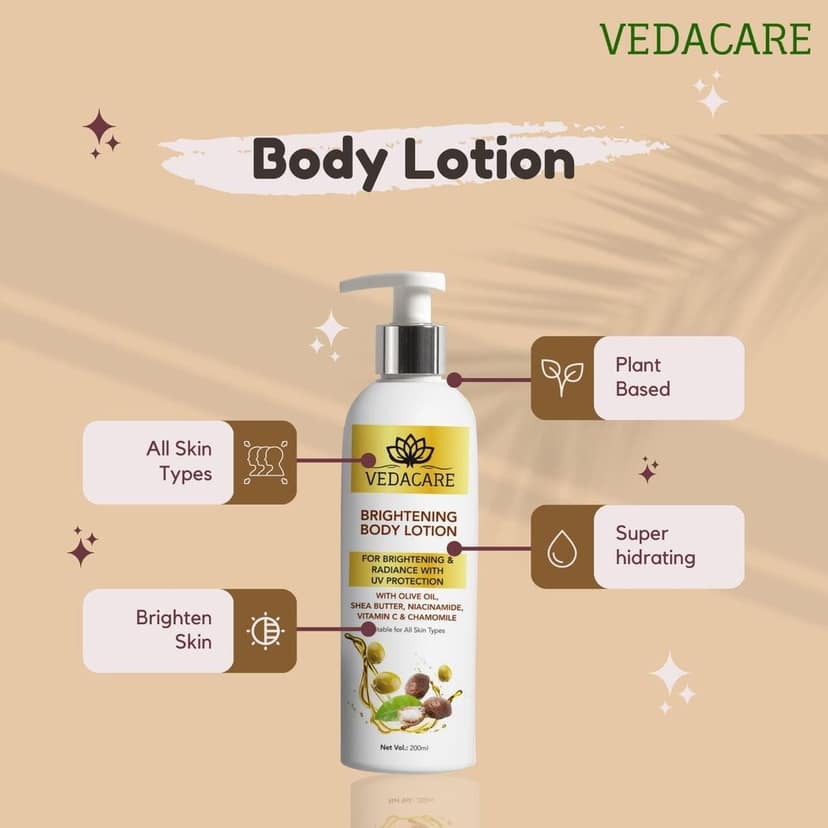Vedacare Brightening Body Lotion 200 ml - With Niacinamide, Olive Oil, Shea butter, Vitamin C & Chamomile - for Fairness, brightening, moisturizing, Sun protection, Hyperpigmentation view 9