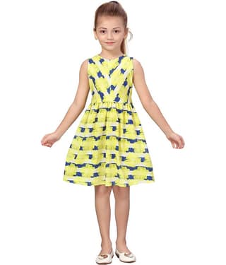 K&U Cotton Blend A-line For Girls ( Pack of 1 , Yellow & Blue )