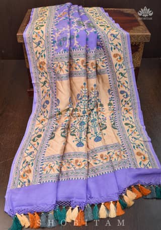 Paithani Design Four color Meenakari Shikkaargah Jaal on Pure Silk Georgette Lavender Saree | SILK MARK CERTIFIED