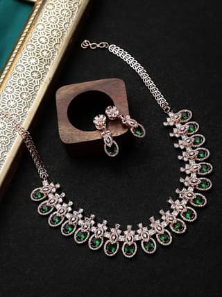 Cardinal Rose Gold plated Brass Green Stone American Diamond Necklace Set