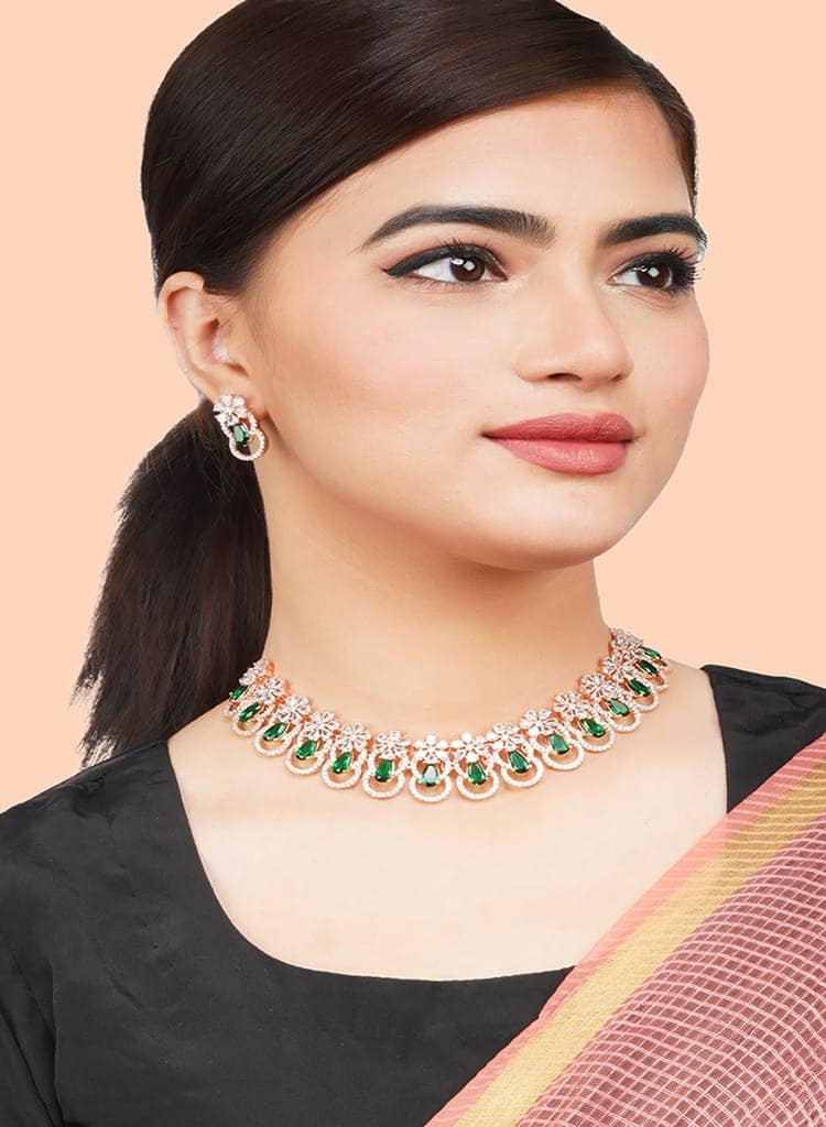Cardinal Rose Gold plated Brass Green Stone American Diamond Necklace Set view 2