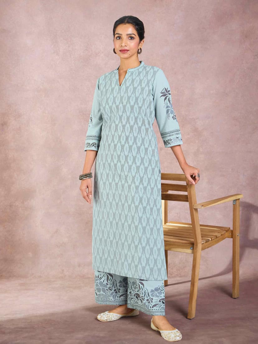 Sage Green Cotton Flax Printed Kurti With Embroidery view 2