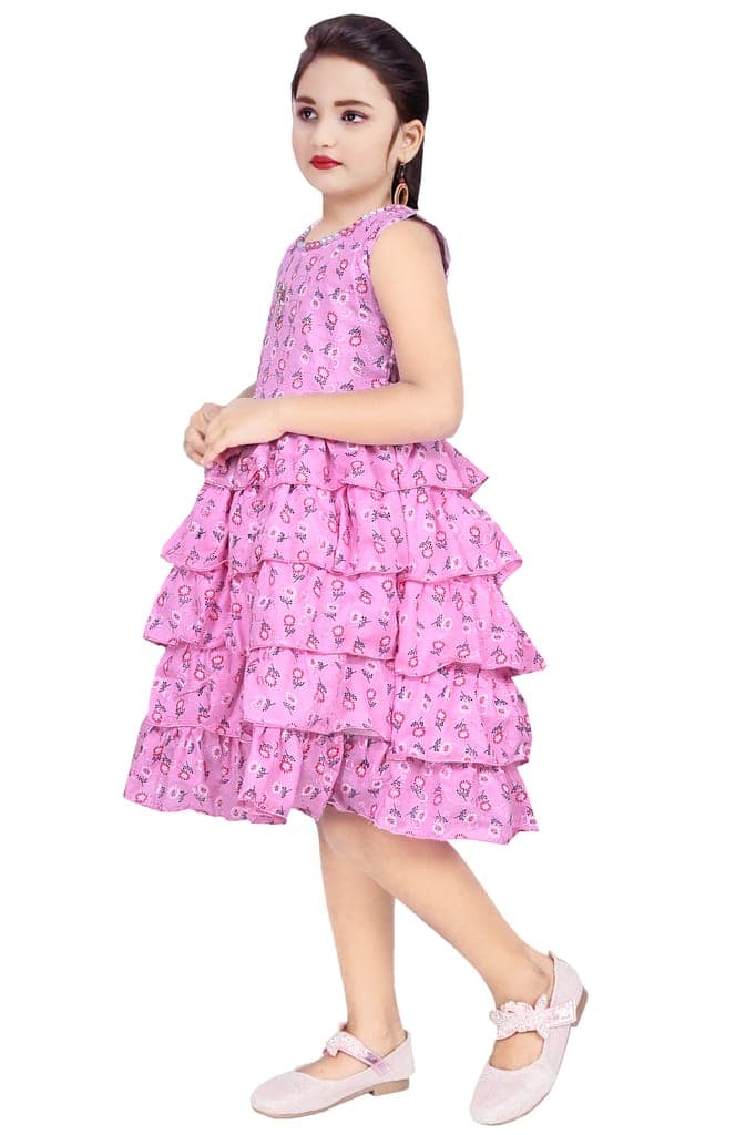 Buy Pink Cotton Printed Party Wear Dress for Girls Online view 4