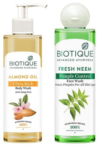 Biotique Bio Neem Purifying Face Wash, 200 ml & Almond Oil Ultra Rich Body Wash, Botanical Extracts, 200 ml Biotique Bio Neem Purifying Face Wash, 200 ml & Almond Oil Ultra Rich Body Wash, Botanical Extracts, 200 ml - Transparent / 200ml