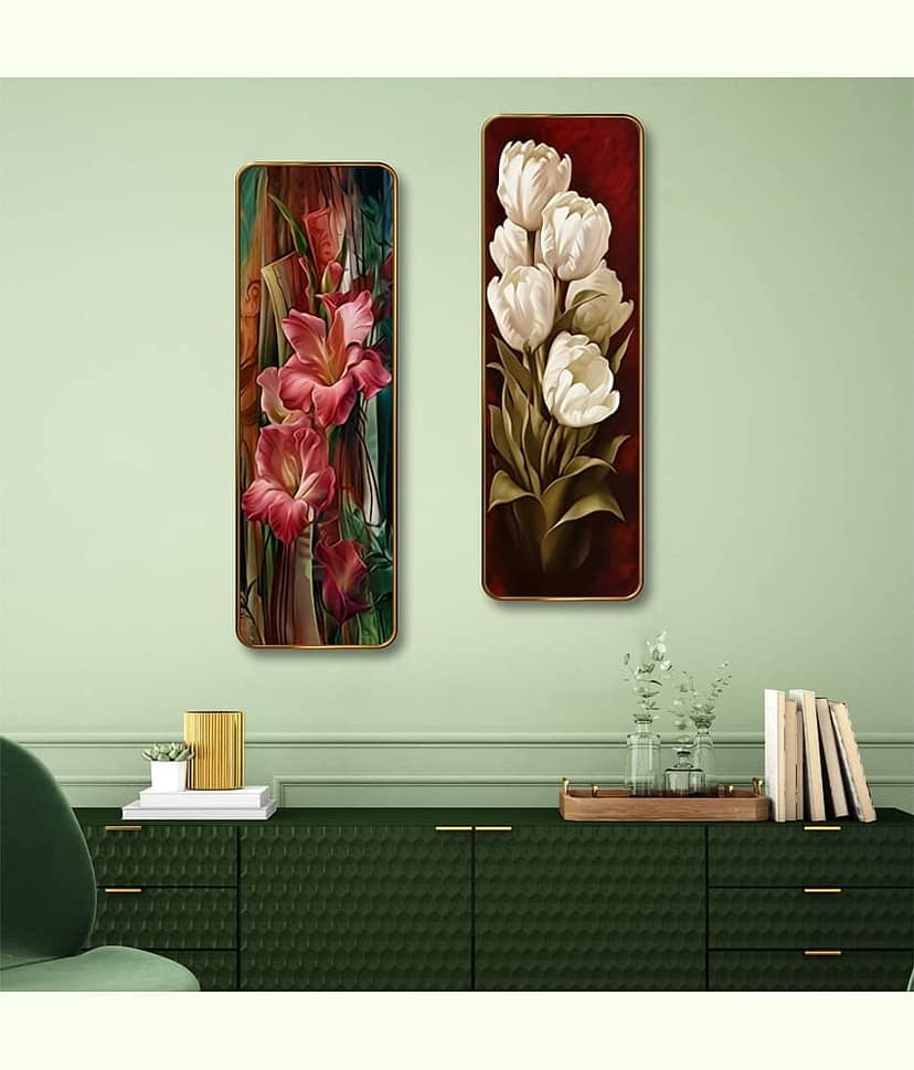 SAF Floral Wall Panel Set of 2 | Pink & White Flower Sparkle Lamination Art | Premium MDF Vertical Wall Décor for Living Room, Bedroom & Hall view 2