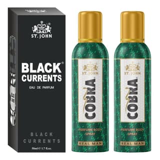 ST-JOHN Cobra Deodrant No Gas Real Man Pack of 2 100ml each & Black Current 50ml Combo Perfume Body Spray - For Men & Women (250 ml, Pack of 2)