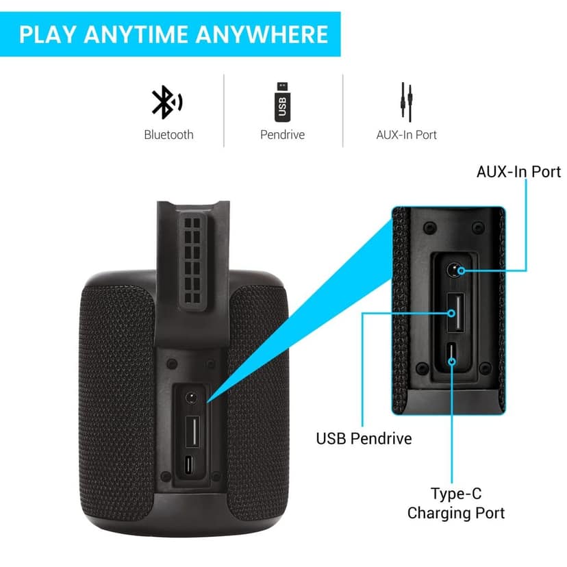 Portronics SoundDrum Plus a 15W POR-1040 Bluetooth 5.0 Portable Stereo Speaker Comes with Boosted Bass, Equaliser Function, in-Built Mic, 3.5mm Aux in-Port, Pendrive and 2500mAh Battery, Black view 3