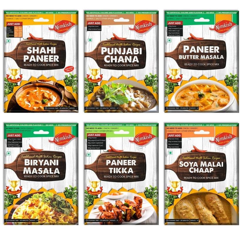 Nimkish Veg Spice Mix Combo Pack of 6 | Paneer, Chana, Biryani, Soya Chaap & More | Ready-to-Cook Indian Premix