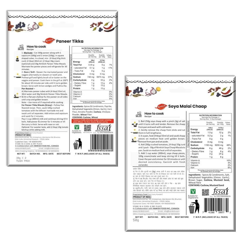 Nimkish Veg Spice Mix Combo Pack of 6 | Paneer, Chana, Biryani, Soya Chaap & More | Ready-to-Cook Indian Premix view 4