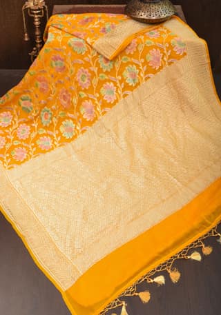 Mustard Gorgeous Hand Brush Dye Banarasi Georgette saree with Meenakari Floral Jaal | SILK MARK CERTIFIED