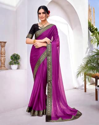 Lycra Saree with Lace Border (Color - Purple) by SHIV TEXTILES