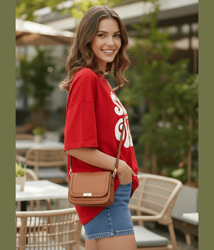 Leotude Women Cotton Blend Printed Oversized Fit Round Neck T-Shirt ( Red ) view 2