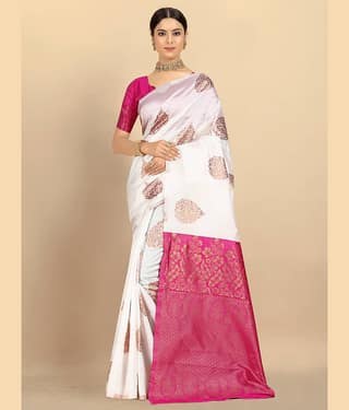 BLEESBURY Banarasi Silk Woven Saree With Unstitched Blouse Piece ( White )