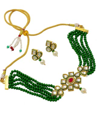 Jewar Mandi - Maroon Brass Necklace Set ( Pack of 1 )