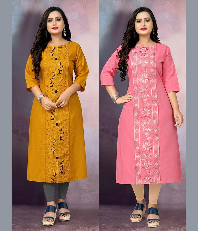 RIAANA Women Cotton Blend Embroidered Straight Kurti ( Multicolor )