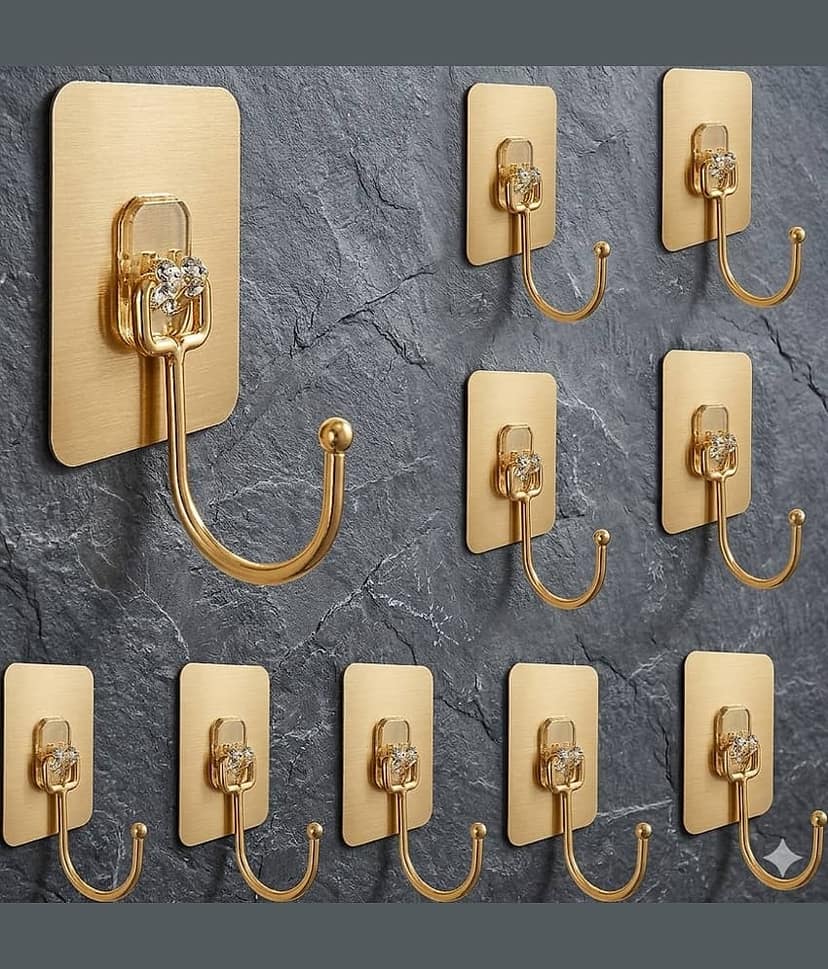 Golden Hook 10 Pack Large Heavy Duty Stainless Steel Adhesive Hooks – Waterproof, Strong, Damage-Free Wall Hooks for Towels, Coats & Accessories – Kitchen, Bathroom, Home & Office Organization