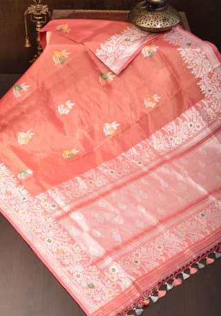 Salmon Pink Tissue Organza Banarasi Pure Silk Saree with Meenakari Buttas | SILK MARK CERTIFIED